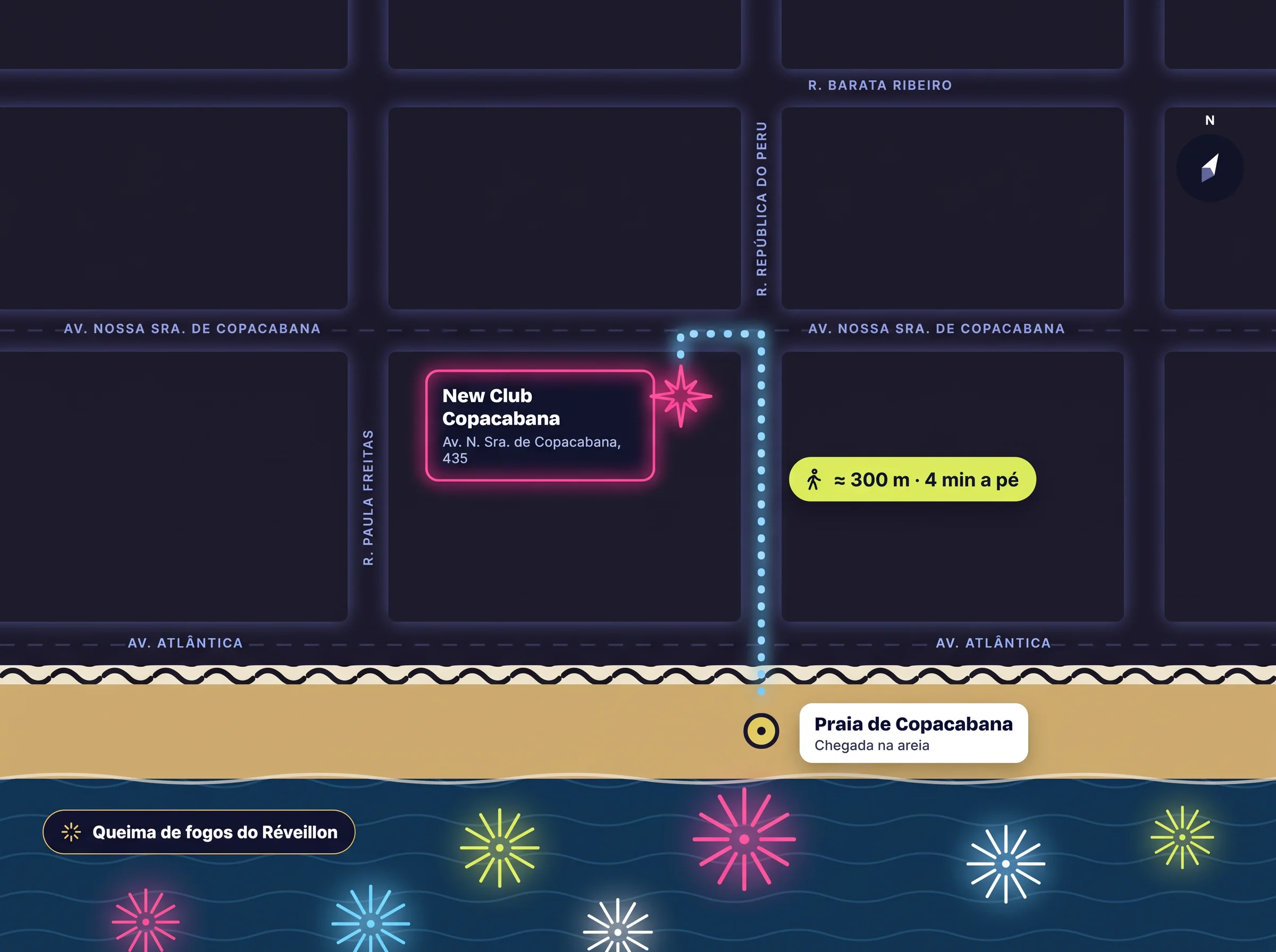 Mapa ilustrativo do caminho a pé do New Club até a Praia de Copacabana, cerca de 300 metros e 4 minutos