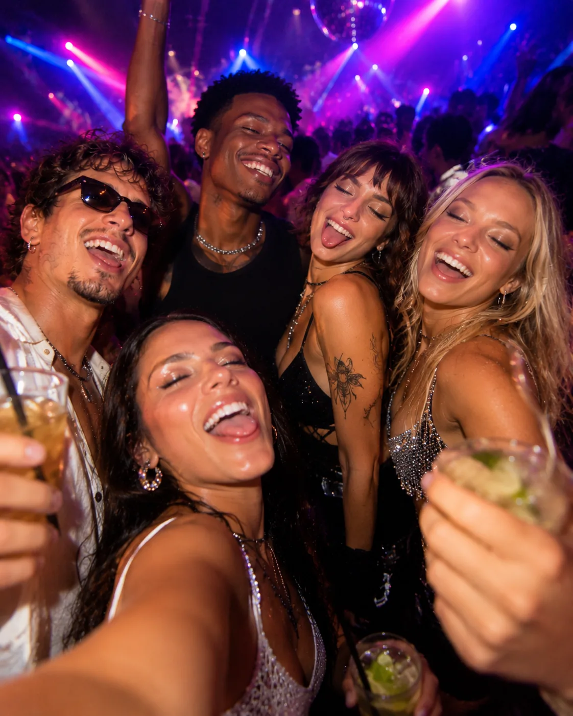 Cinco amigos sorrindo em uma selfie na pista, com luzes neon e globo espelhado ao fundo